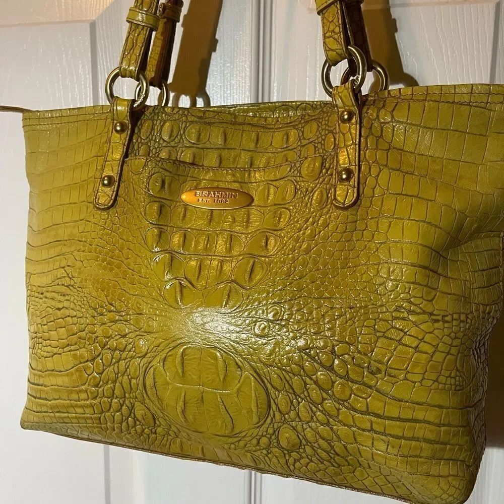 Brahmin Alden Melbourne Leather Tote Yellow shoulder bag gold tone hardwares.